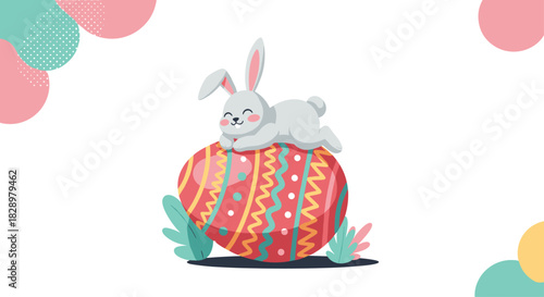 Cute gray bunny resting on a colorful patterned Easter egg surrounded by plants and abstract shapes.