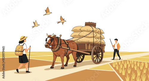 Rural scene with a horse-drawn cart laden with sacks, a man, a woman, and birds in a sepia-toned landscape creates a rustic vibe.