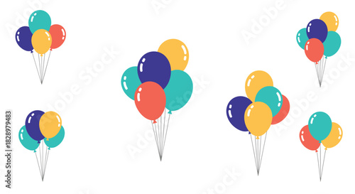 Multiple bunches of colorful balloons float against a clean white background.