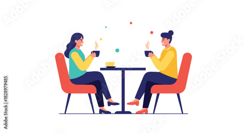 Two people enjoying coffee at a cafe, engaging in conversation and relaxation.