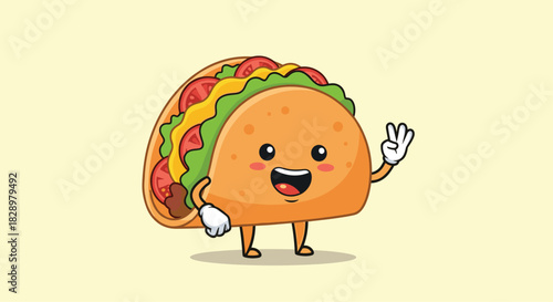 A cheerful cartoon taco character with a happy face and rosy cheeks, showing a peace sign with one hand, full of fresh ingredients.