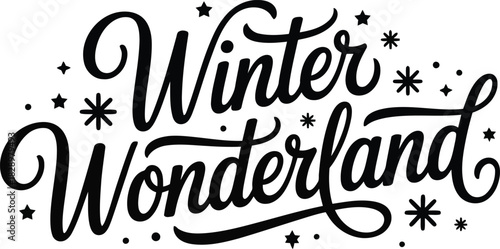 Stylish black Winter Wonderland hand lettering featuring whimsical stars and small dots on white