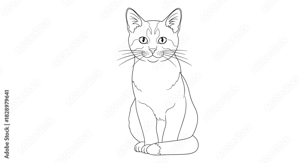 Obraz premium A black and white outline drawing of a cat sitting upright and staring straight ahead with whiskers and pointed ears.