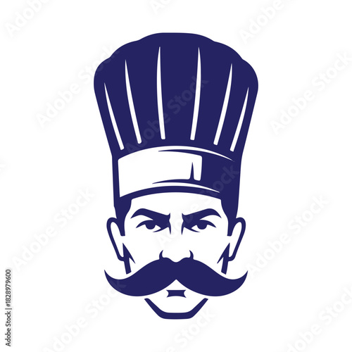 Chef head logo with toque and large mustache, blue silhouette, restaurant culinary emblem design vector art