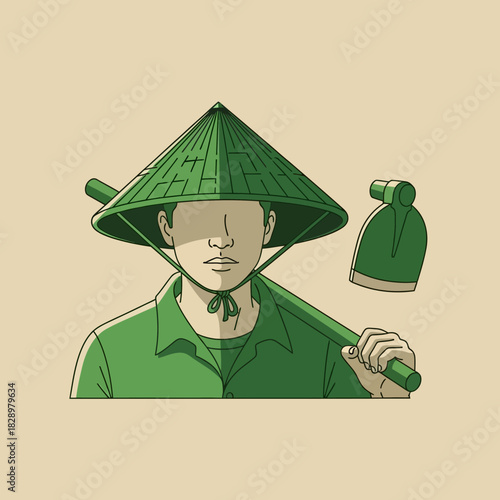 Asian farmer wearing a traditional conical hat and carrying a hoe.