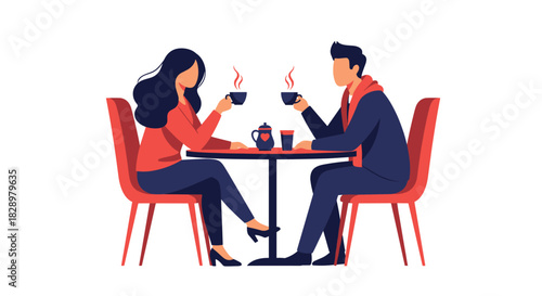 Romantic coffee date illustration of a couple sitting at a table in a cafe, enjoying their drinks and conversation.