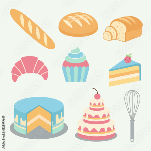 Assortment of freshly baked bread, pastries, and cakes with a whisk.