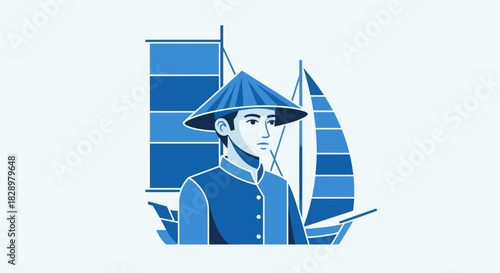 Asian man in traditional conical hat on a boat.
