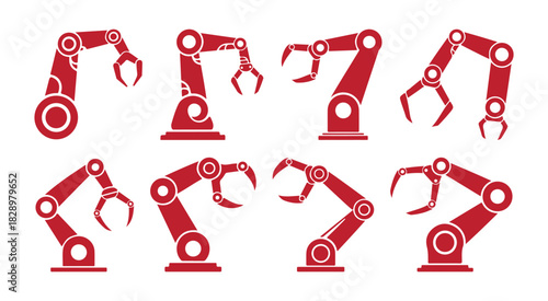 Red industrial robotic arms with grippers set in various positions, ideal for automation, technology, and manufacturing icons.