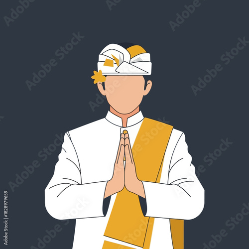 Balinese Man in Traditional Attire Performing Sembah Gesture.
