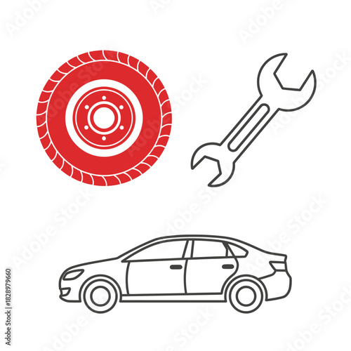 Automotive repair and maintenance concept with car, tire, and wrench icons.