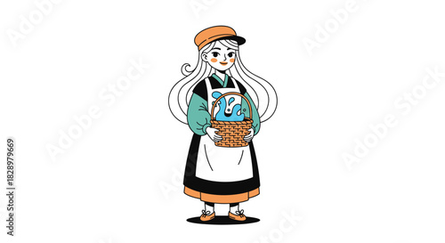 Cartoon illustration of a woman holding a basket of water, wearing a cap and apron, in a stylized, hand-drawn, and graphic style.