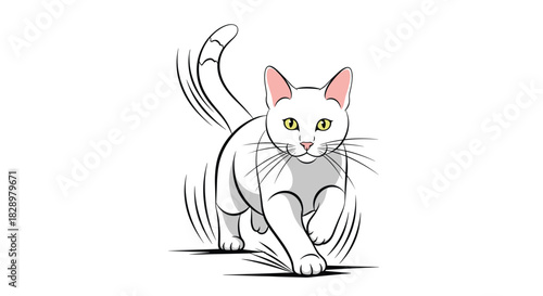 An expressive white cat walks forward with its tail waving, illustrated in a cartoon-like style on a white background.