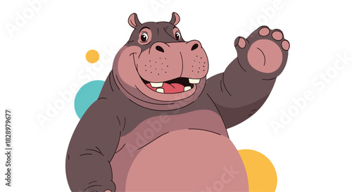 A friendly cartoon hippo waving with a cheerful smile and colorful background elements.