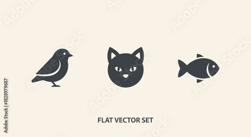 Bird, cat, and fish flat vector set.