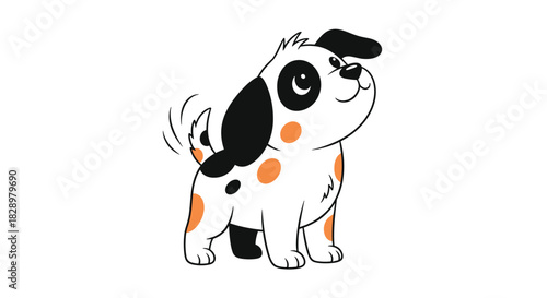 A cheerful cartoon dog with black and orange spots stands on its paws and wags its tail in a friendly and happy manner.