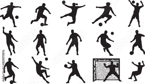 Collection of silhouette soccer players in action kicking the ball on white background