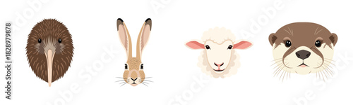 Illustrated animal faces: kiwi bird, rabbit, sheep, otter on white background