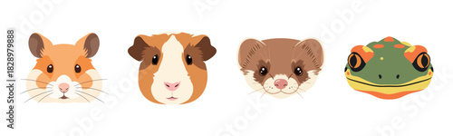 Cute cartoon faces of hamster, guinea pig, ferret, and frog