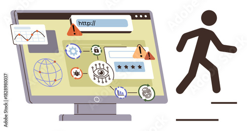 Computer screen with warning signs, security icons, and login passwords user walking away. Ideal for cyber risks, privacy, online fraud, hacking, data safety IT secure browsing. Simple flat