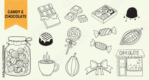 Hand Drawn Candy and Chocolate Treats Set | Vector Doodle Collection of Lollipop, Cocoa Beans, Hot Chocolate Cup, and Sweet Shop Line Art Icons.