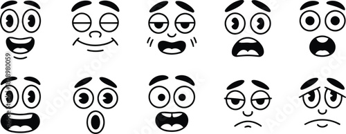 Ten different cartoon faces displaying a range of human feelings and reactions