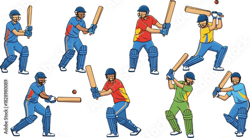 Cartoon cricket players in various poses ready to hit the ball