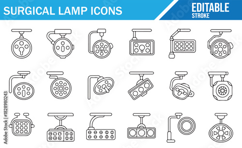 Operating theater lamp outline icon set for healthcare design