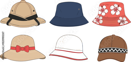 Classic and Modern Headwear Collection: Safari Pith Helmet, Casual Bucket Hat, Straw Sun Hat, and Baseball Cap Vector Illustration Set for Summer Fashion