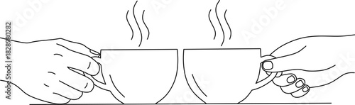Coffee cups shared conversation. Line art friendship moment