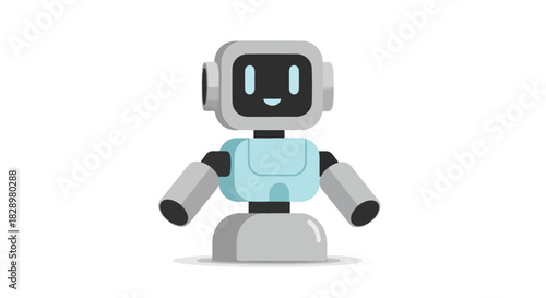Cheerful AI robot assistant character with a smiling digital face, a futuristic chatbot for technology and customer service. Isolated flat vector illustration
