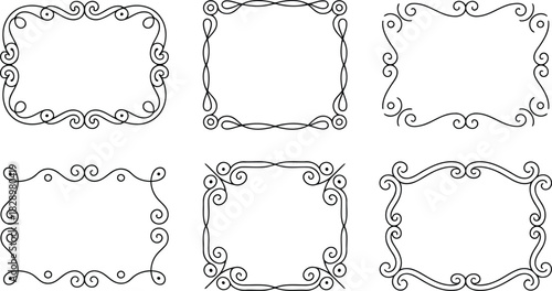 This image displays six distinct black outline frames showcasing various intricate scroll and dot details on white