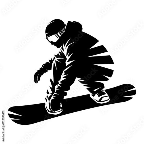 black silhouette of a snowboarder carving down the slope in dynamic motion