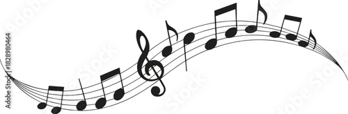 Waving Musical Staff with Notes and Treble Clef Symbol, Sound, Music, Melody and Harmony Concept, Black and White Vector Graphic Illustration.