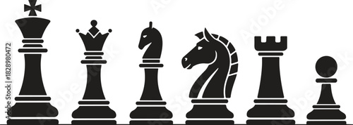 Black Chess Pieces Set Silhouette, King, Queen, Knight, Rook, Pawn, Strategy Game, Competition, Success, Intelligence, War and Business Vector.