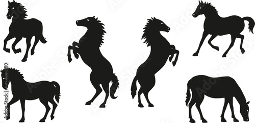 Set of Six Galloping and Rearing Horse Silhouettes, Equestrian Farm Animals, Wild Mustang Steed Poses, Running and Standing Stallion Vector Graphic Icons.