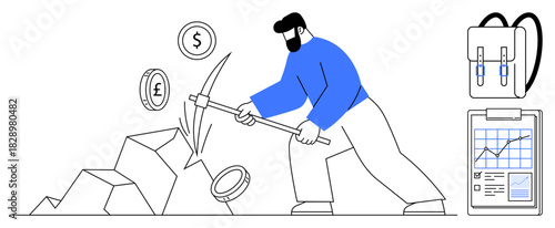 Man mining rocks for currency icons using a pickaxe while a backpack and clipboard with financial data stand nearby. Ideal for finance, growth, wealth, hard work, economy, investment, simple flat