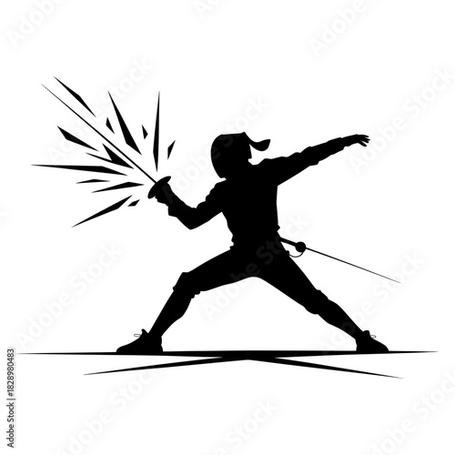 black silhouette of a fencer performing a lunging stance with sword in dynamic action