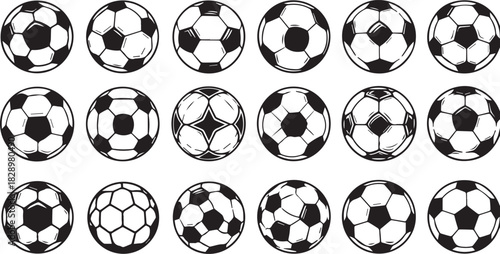 Collection of Black and White Soccer Balls for Sport Illustrations