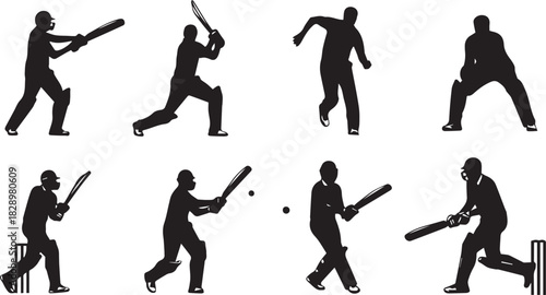 Cricket Sport Silhouette Collection Action Figures Playing Positions Vector Art