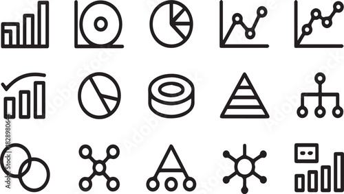 Collection of black line art icons representing data charts and diagrams graph analysis