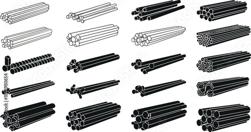 Microtubules and Centriole Structure Icons Set, Bundles of Cylindrical Elements, Cell Biology, Manufacturing Pipes, Material Science, Monochrome Vector Graphic Collection.