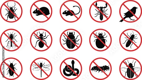 Pest control concept illustration featuring prohibited animal symbols in red circles