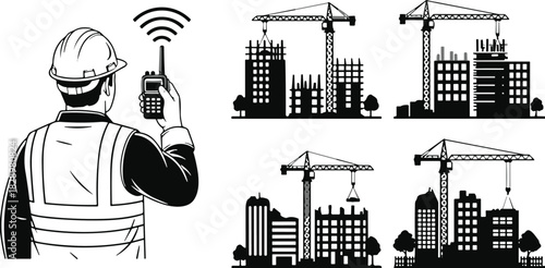 Construction Worker with Walkie-Talkie Communicating on Site, Building Development Silhouettes with Crane, Engineering Project Management and Communication Vector Graphic.