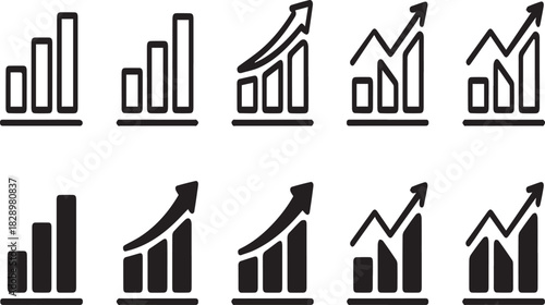 Collection of black bar graph icons with upward trending arrows bar chart