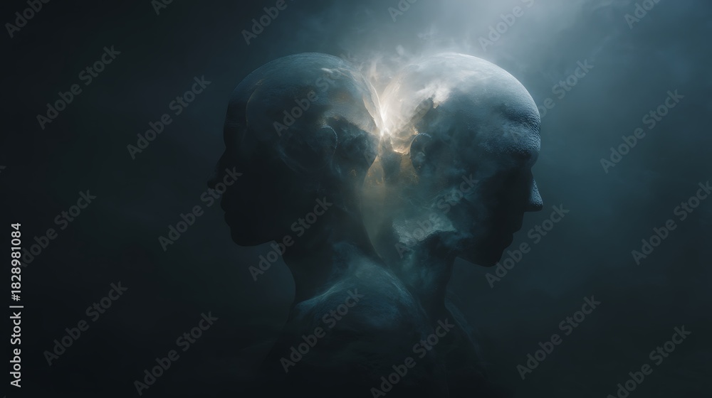 Naklejka premium human head in darkness with faint glowing aura, inside two abstract figures locked in combat, emotional inner struggle concept, moody cinematic realism, v7 