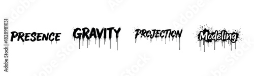 Dynamic urban art words: presence, gravity, projection, modeling in bold graffiti style