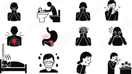 Sickness Symptoms and Illness Icon Set, Health Problems, Fever, Nausea, Headache, Sneezing, Chest Pain, Stomach Ache, Hygiene, Disease Vector Graphic.