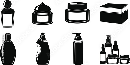 Cosmetic Products and Skincare Packaging Silhouette Set, Beauty Bottles, Cream Jars, Lotion Pump Dispenser, Product Box, Luxury Branding Vector Graphic.