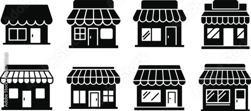 Set of Eight Simple Storefront Silhouette Icons, Retail Shop Building Facades with Awnings, Market Business Location Graphic Elements, E-commerce Vector Symbol Collection.
